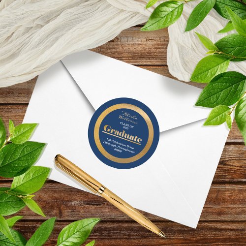 Elegant Gold Graduate Dark Blue Return Address Classic Round Sticker