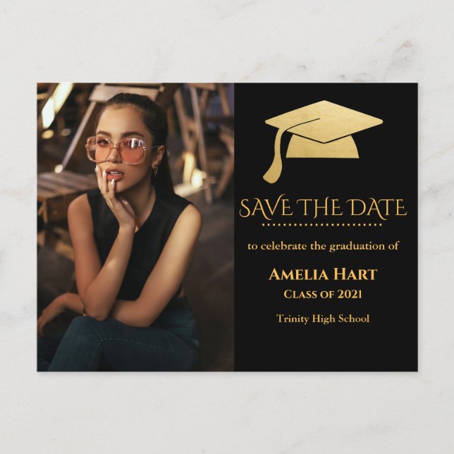 Elegant Gold Graduate Hat | Save The Date Photo Postcard (Front)
