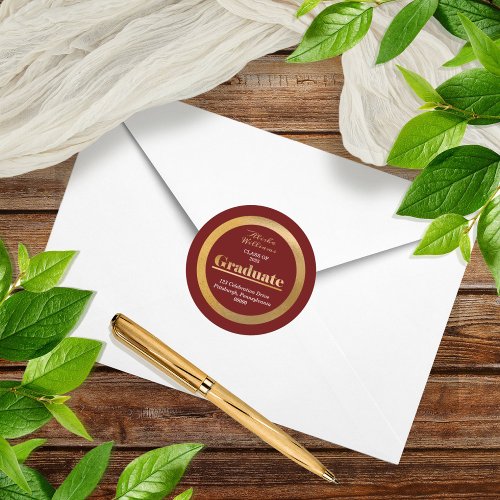 Elegant Gold Graduate Maroon Return Address Classic Round Sticker