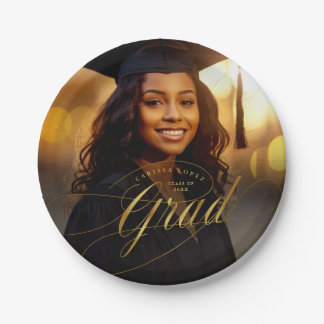 Elegant Gold Graduation Calligraphy Photo Paper Plates