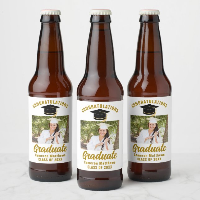Elegant Gold Graduation Party Personalized Photo Beer Bottle Label (Bottles)