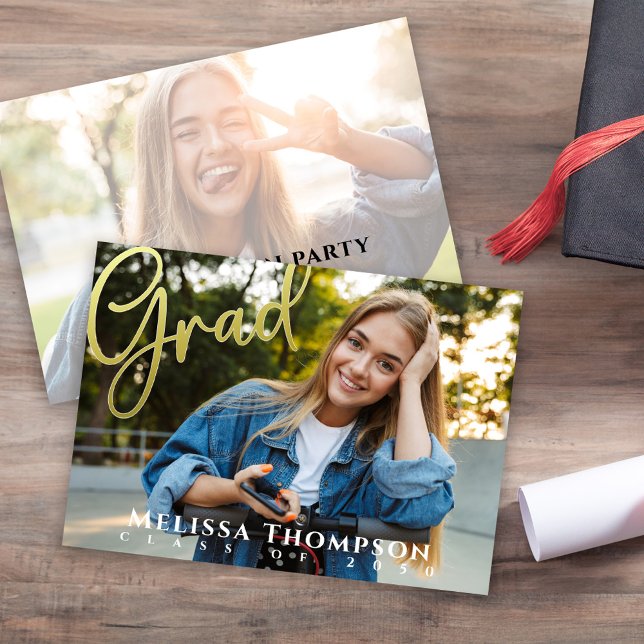 Elegant Gold Graduation Photo Invitation  (Graduation photo invitation template with gold calligraphy script. )