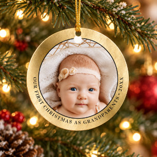Elegant Gold Grandparents First Christmas Photo Ceramic Ornament