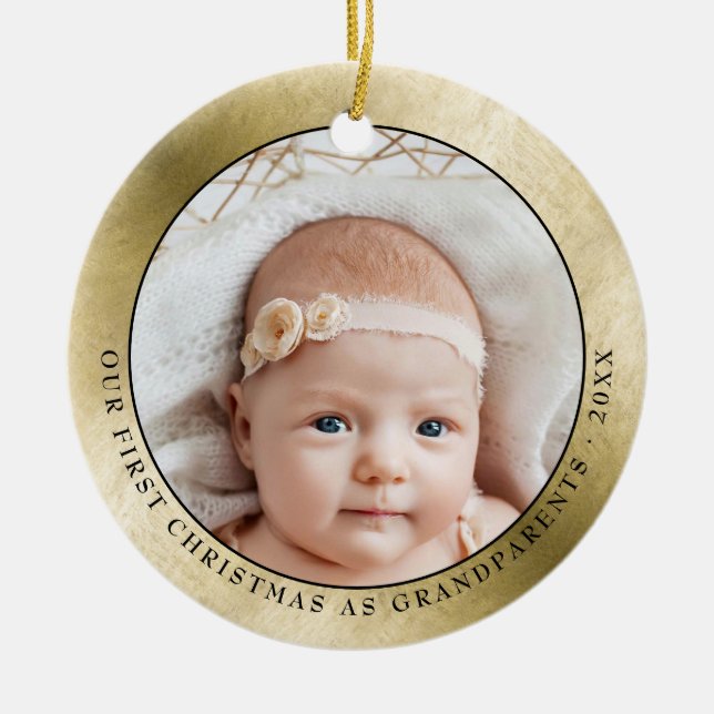 Elegant Gold Grandparents First Christmas Photo Ceramic Ornament (Front)