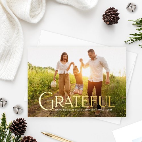 Elegant Gold Grateful Family Photo Foil Holiday Card