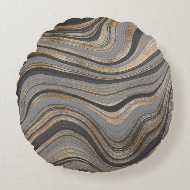Elegant gold gray abstract round pillow (Front)