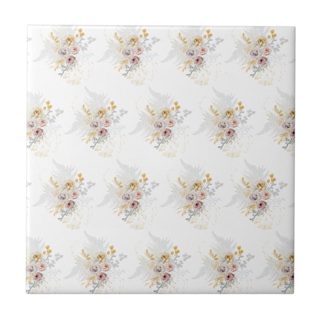 Elegant Gold Gray Floral  Ceramic Tile (Front)