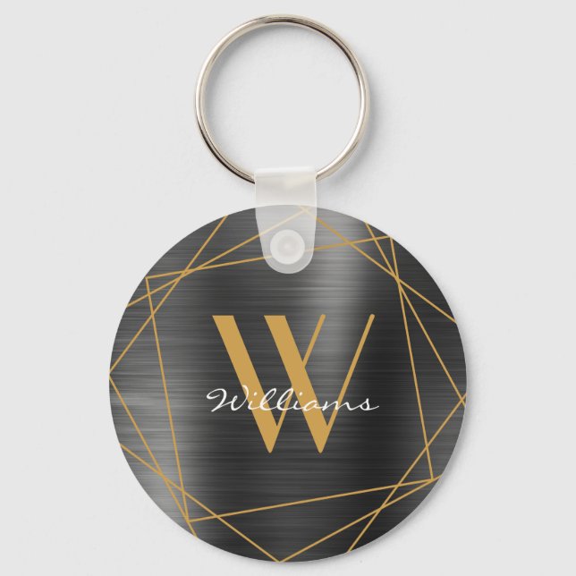 Elegant Gold Gray Monogram Name Script Geometric Keychain (Front)