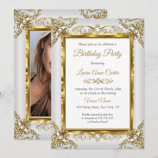 Elegant Gold Gray Pearl Photo Birthday Party Invitation (Front/Back)