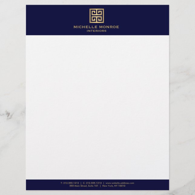 Elegant Gold Greek Key Interior Designer Dark Blue Letterhead (Front)