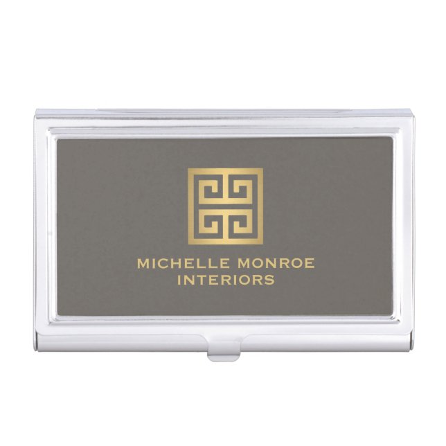 Elegant Gold Greek Key Interior Designer Taupe Business Card Case (Front)
