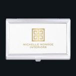 Elegant Gold Greek Key Interior Designer White Case For Business Cards<br><div class="desc">Coordinates with the Elegant Gold Greek Key Interior Designer White Business Card Template by 1201AM. A faux metallic gold greek key emblem is combined with your name or business name for a chic logo on this personalized business card holder. © 1201AM CREATIVE</div>