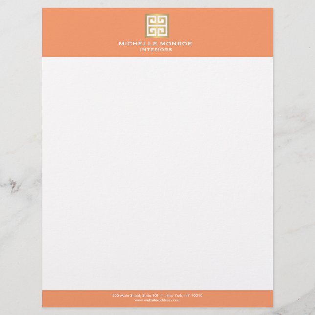 Elegant Gold Greek Key on Coral Interior Designer Letterhead (Front)