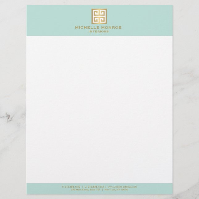 Elegant Gold Greek Key on Mint Interior Designer Letterhead (Front)