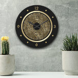 Elegant Gold Greek Keys Pattern Large Clock<br><div class="desc">This elegant wall clock features a center Greek key pattern which gives an abstract feel to the design. A gold circle frame separates the pattern from the numbers and diamonds which help make the clock easy to read. Everything is placed on a dramatic black background.</div>