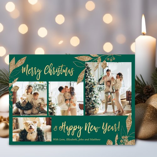 Elegant Gold Green 4 Photo Collage Christmas Card