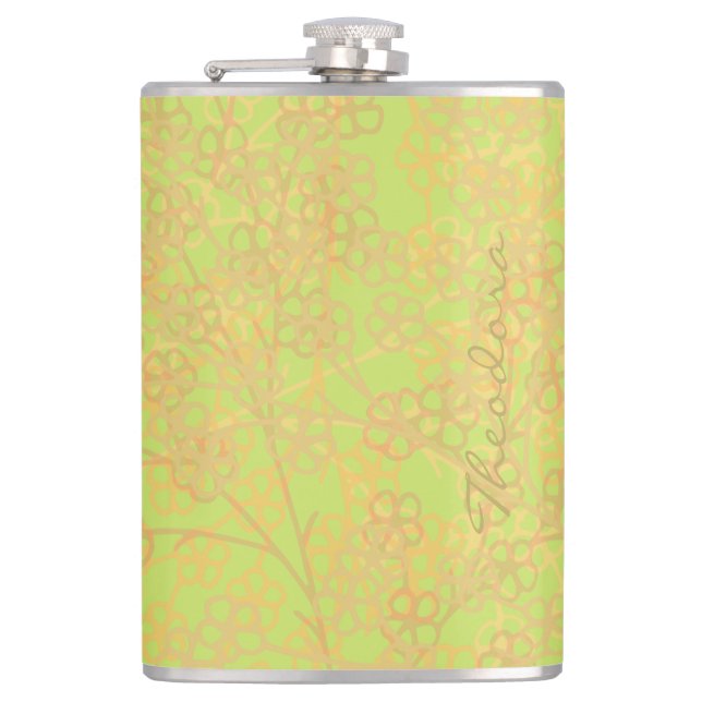 Elegant Gold Green Abstract Floral Flask (Front)
