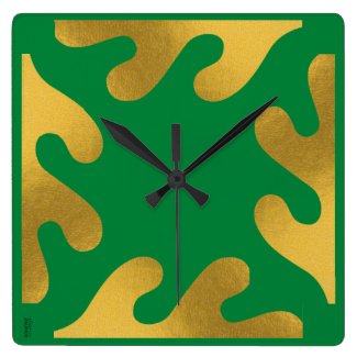 Elegant Gold Green Abstract Leaf Pattern Square Wall Clock