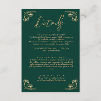 Elegant gold & green Art Deco wedding details Enclosure Card