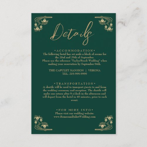 Elegant gold  green Art Deco wedding details Enclosure Card