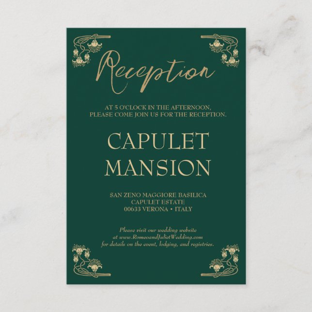 Elegant gold & green Art Deco wedding reception Enclosure Card (Front)