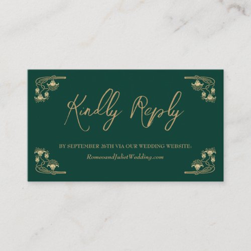 Elegant gold  green Art Deco wedding website RSVP Enclosure Card