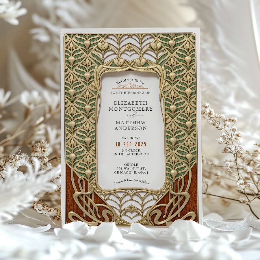 Elegant Gold &amp; Green Art Nouveau Wedding Invitation