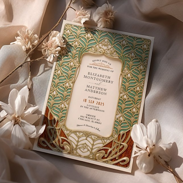 Elegant Gold & Green Art Nouveau Wedding Invitation (Creator Uploaded)