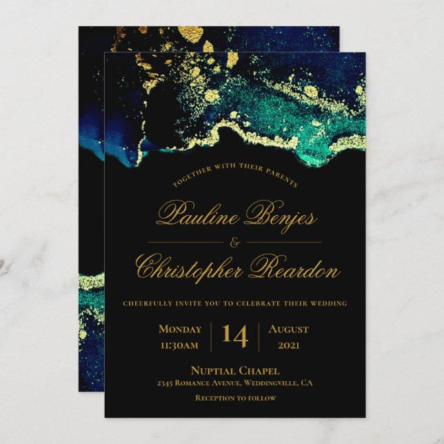 Elegant Gold Green Black Wedding Invitation (Front/Back)