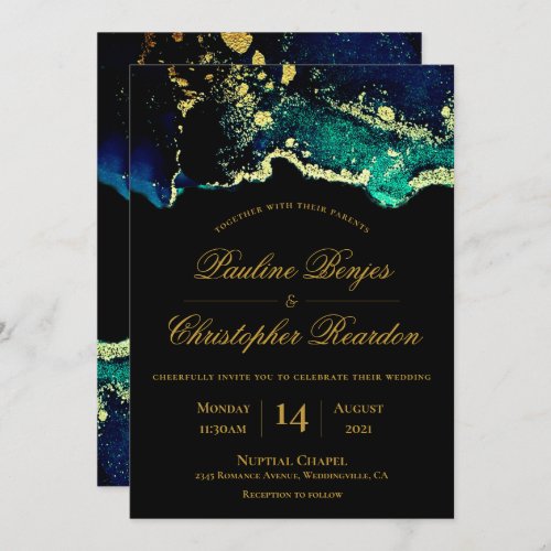 Elegant Gold Green Black Wedding Invitation