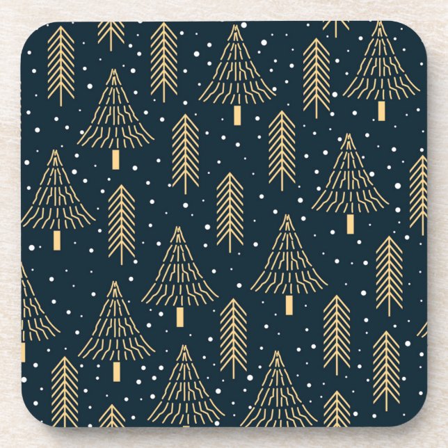 Elegant Gold Green Blue Christmas Tree Pattern Beverage Coaster (Front)
