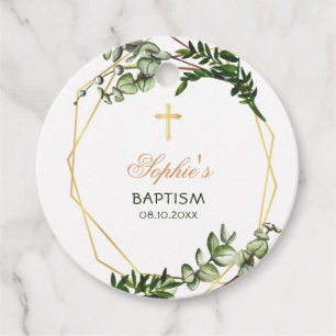 Elegant Gold & Green Botanical Baptism Favor Tags