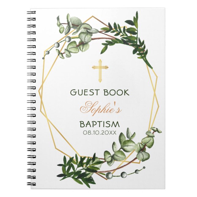 Elegant Gold & Green Botanical Baptism Guest Book (Front)