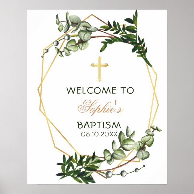 Elegant Gold & Green Botanical Baptism Welcome Poster (Front)