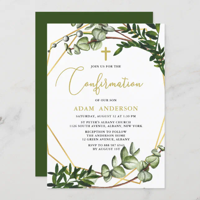 Elegant Gold & Green Botanical Confirmation Invitation | Zazzle