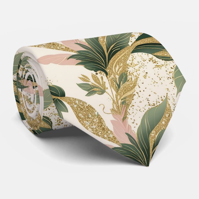 Elegant Gold & Green Botanical Leaf Pattern Neck Tie (Rolled)