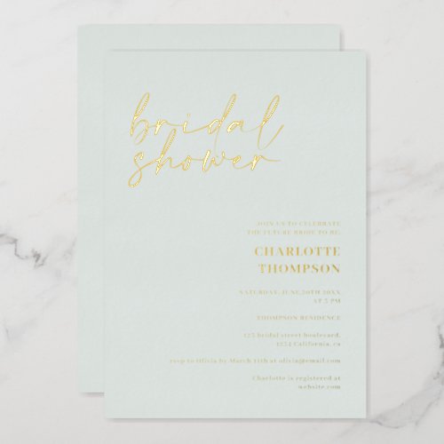 Elegant gold green casual script bridal shower foil invitation