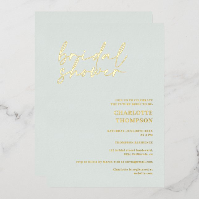 Elegant gold green casual script bridal shower foil invitation (Front/Back)
