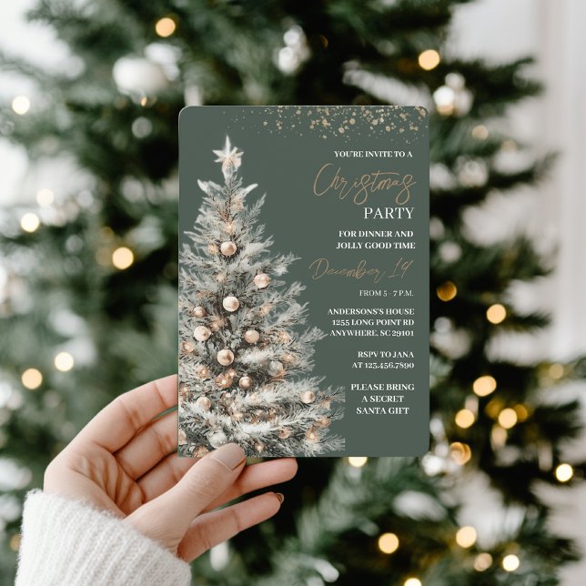 Elegant Gold & Green Christmas Tree Party Invitation (Creator Uploaded)