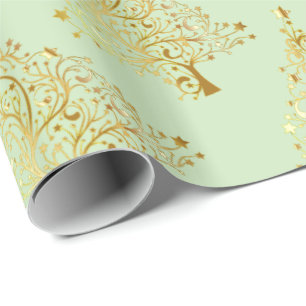 Elegant Gold & Green Christmas Tree Pattern Wrapping Paper