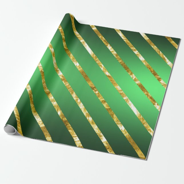 Elegant Gold Green Diagonal Stripes Pattern Wrapping Paper (Unrolled)