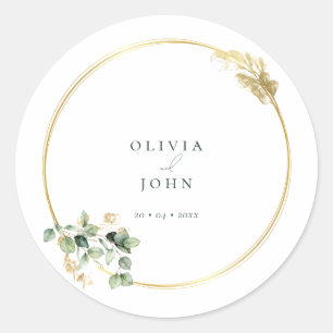 Elegant Gold Green Eucaliptus Wedding  Classic Rou Classic Round Sticker
