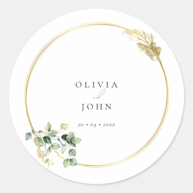Elegant Gold Green Eucaliptus Wedding  Classic Rou Classic Round Sticker (Front)