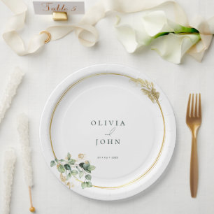 Elegant Gold Green Eucaliptus Wedding  Paper Plates