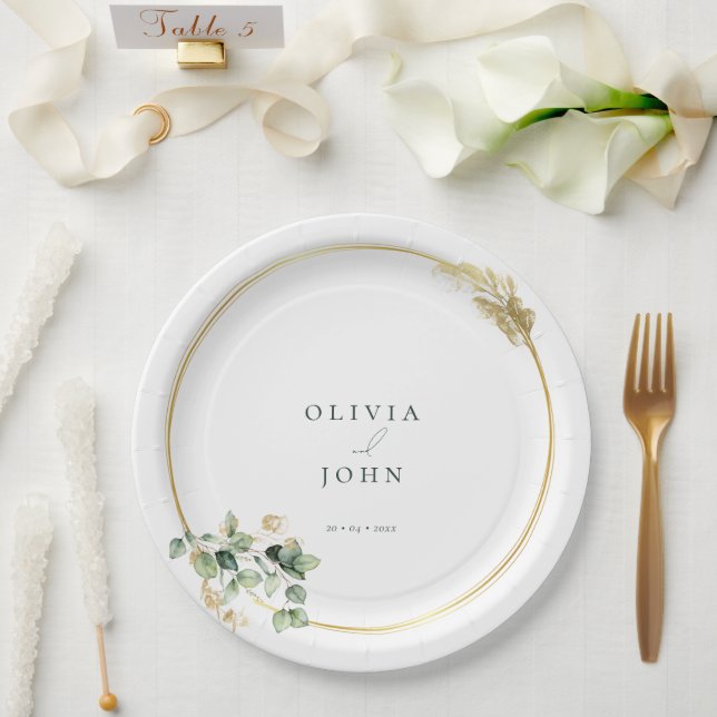 Elegant Gold Green Eucaliptus Wedding  Paper Plates (Wedding)