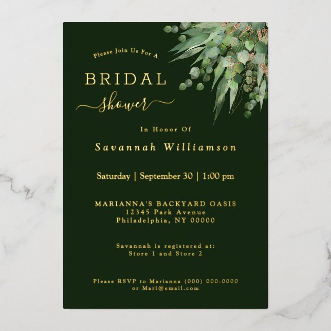 Elegant Gold Green Eucalyptus Bridal Shower Foil Invitation (Front)