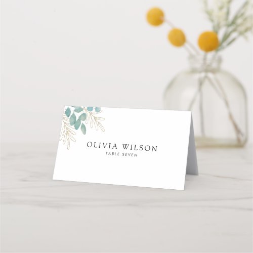 Elegant Gold Green Eucalyptus Leaves Wedding Place Card
