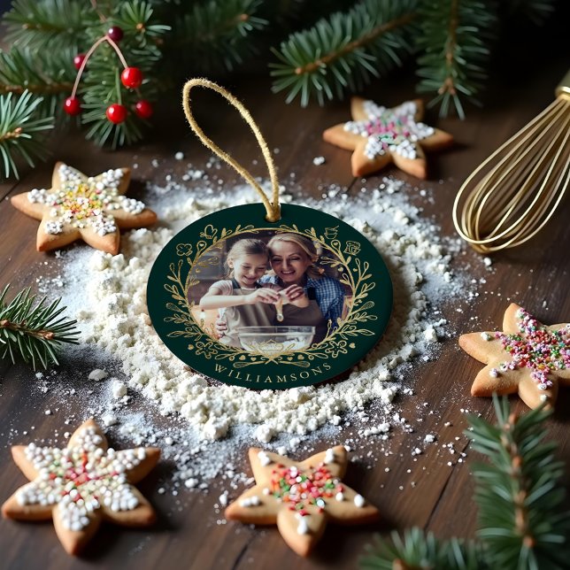 Elegant Gold & Green family Baking Photo Wreath Ceramic Ornament (Elegant Gold & Green family Baking Photo Wreath Ceramic Ornament)