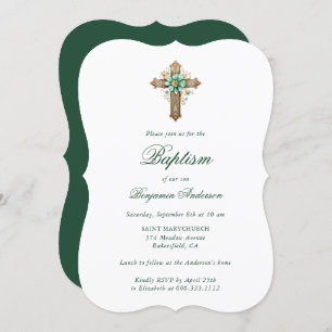 Elegant Gold Green Floral Cross Boy Baptism Invitation