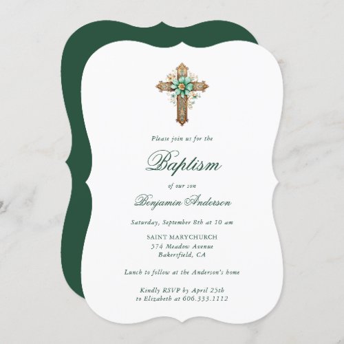 Elegant Gold Green Floral Cross Boy Baptism Invitation